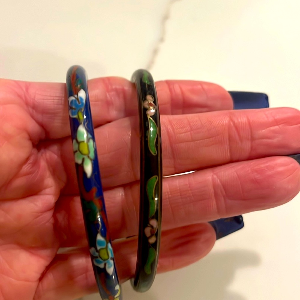 Vintage dark blue  & black Floral Cloisonné bracelets Set of 2